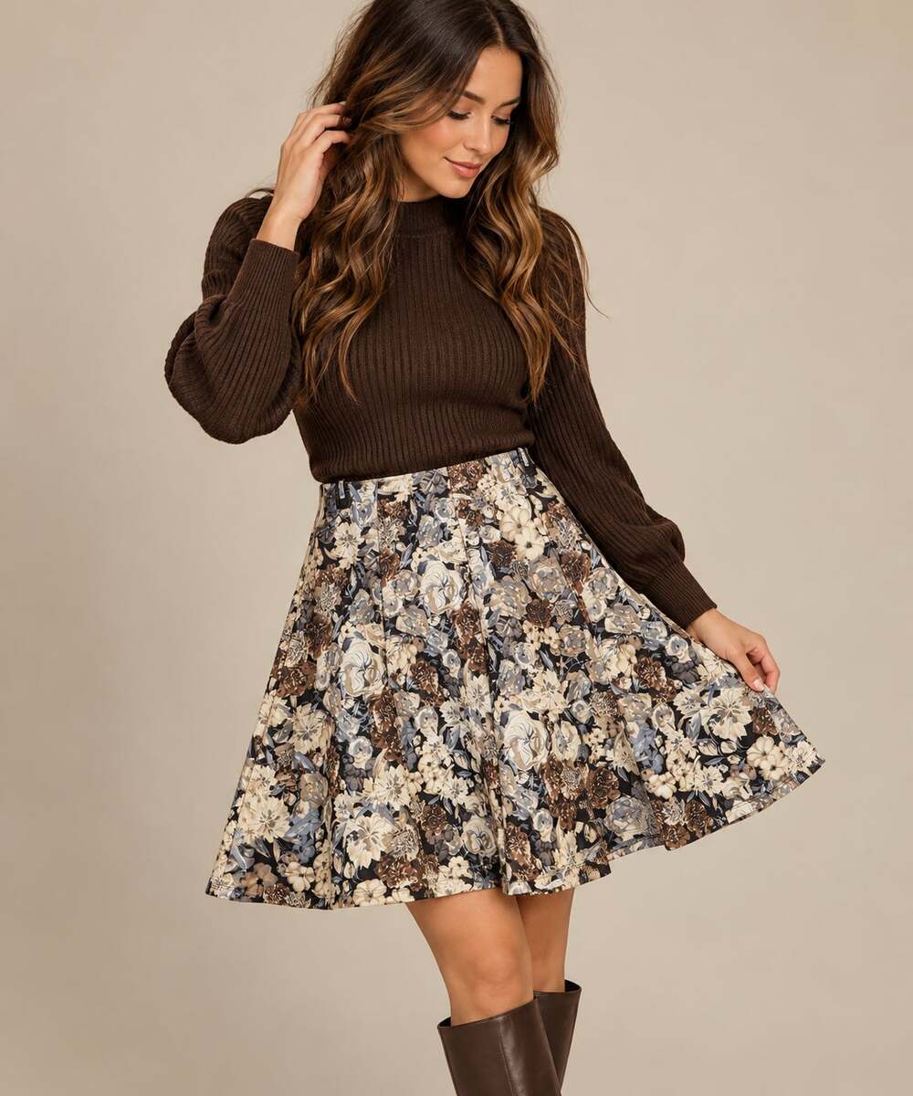 Roz & Ali Floral Fit & Flare Circle Skatger Skirt Large Black Blue Brown Fall